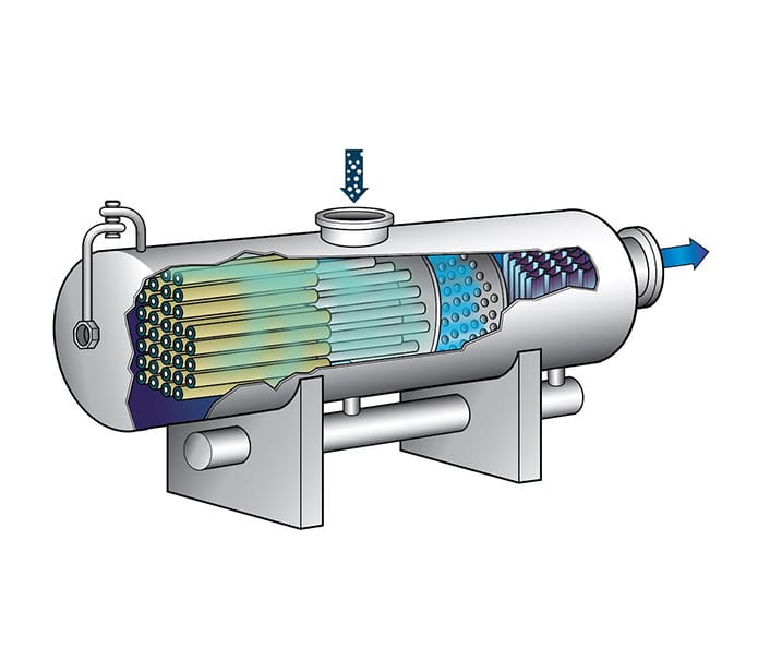 Peerless-Filter-Separator An illustration of a filter separator designed for removing solid and liquid particles from gas streams; links to Filter-Separator product page.